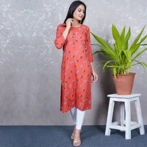 Aariya Designs - Rust Orange Colored Casual Wear Geometric Printed Rayon Kurti