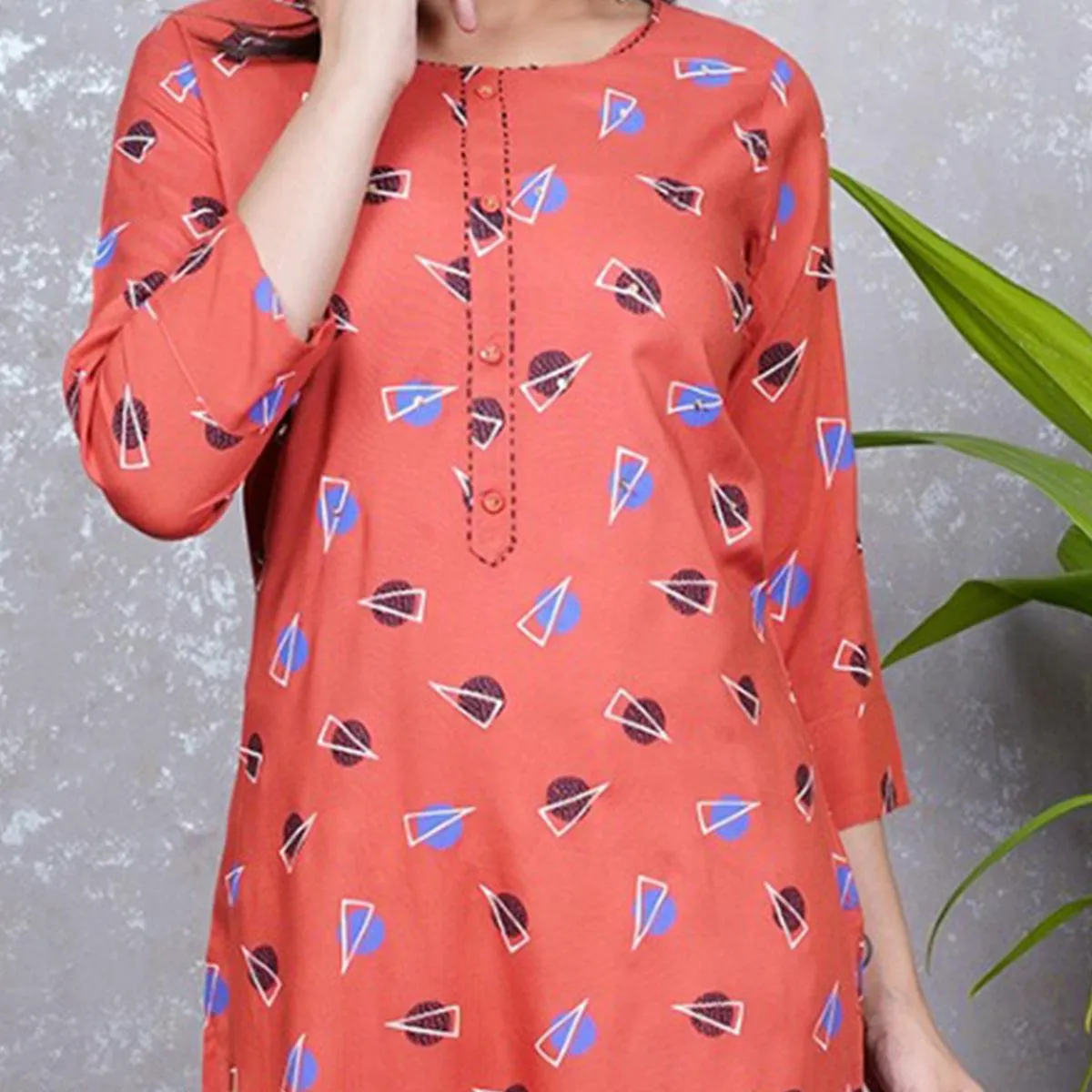 Aariya Designs - Rust Orange Colored Casual Wear Geometric Printed Rayon Kurti