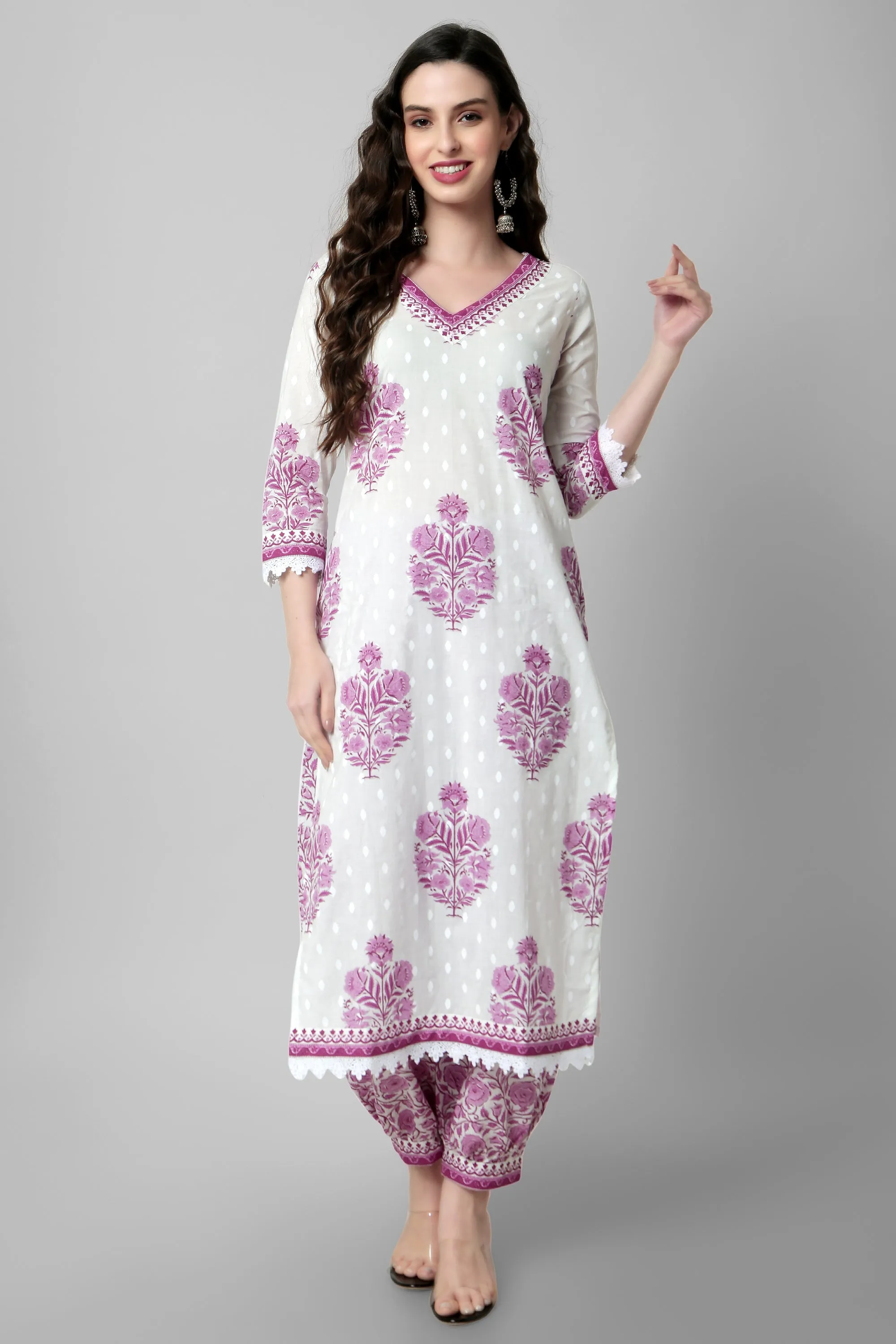 Arayna Women's Cotton Printed Floral Straight Kurta with Palazzo Pants and Printed Dupatta Set, Pink