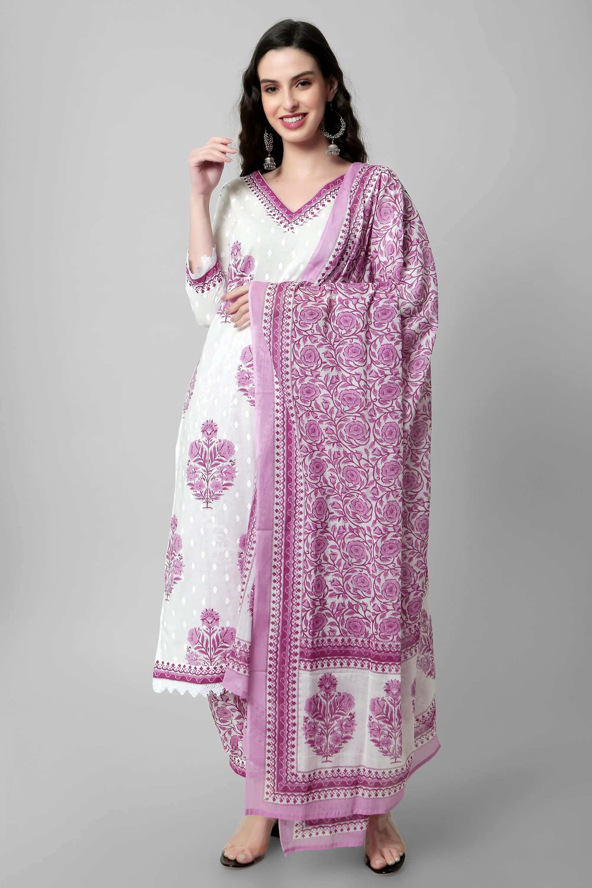 Arayna Women's Cotton Printed Floral Straight Kurta with Palazzo Pants and Printed Dupatta Set, Pink