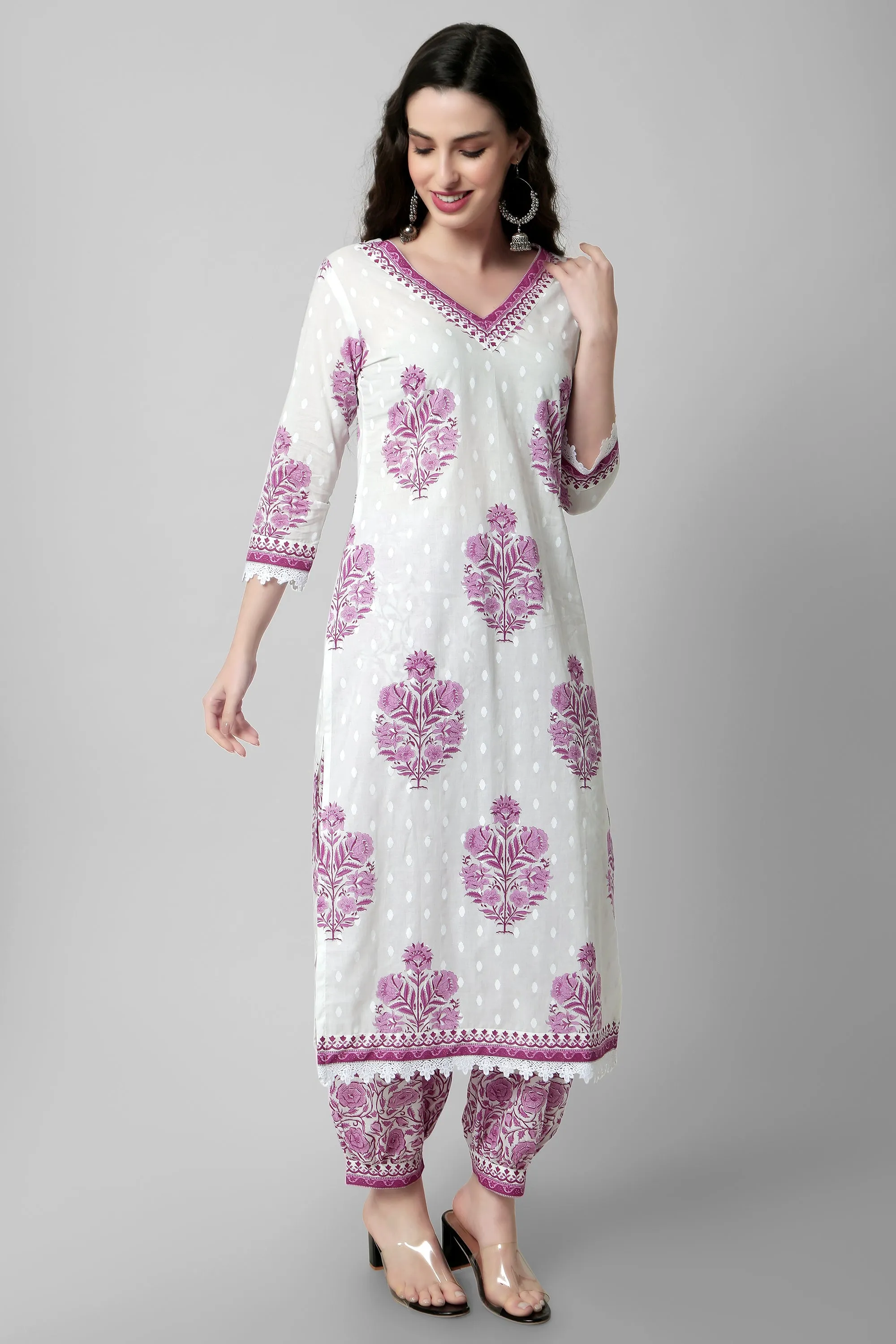 Arayna Women's Cotton Printed Floral Straight Kurta with Palazzo Pants and Printed Dupatta Set, Pink