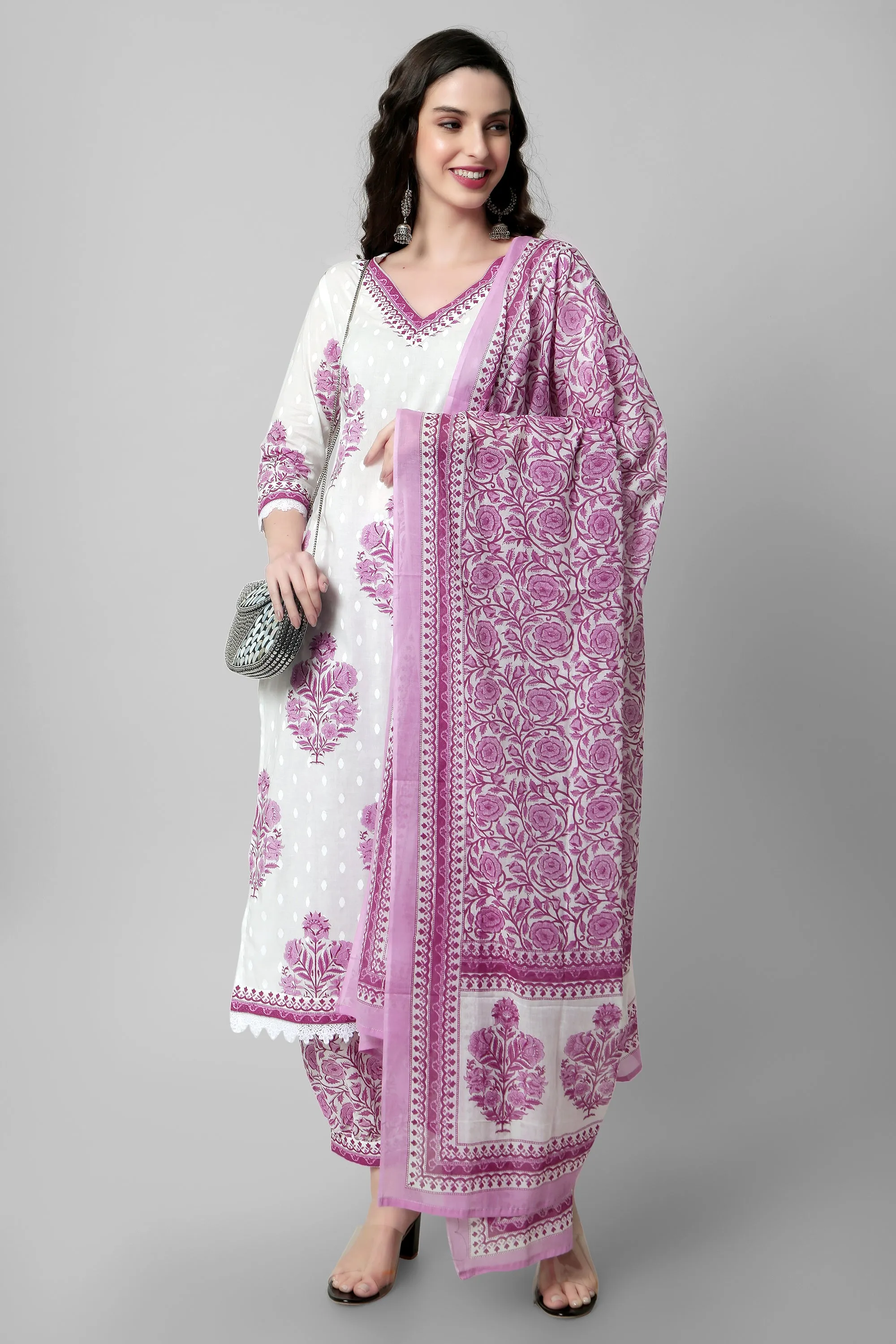 Arayna Women's Cotton Printed Floral Straight Kurta with Palazzo Pants and Printed Dupatta Set, Pink