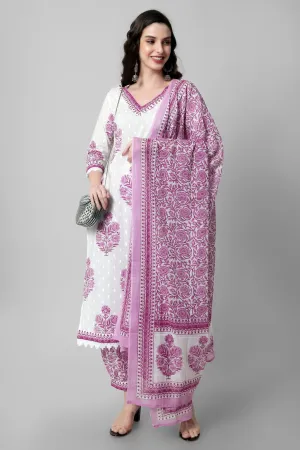 Arayna Women's Cotton Printed Floral Straight Kurta with Palazzo Pants and Printed Dupatta Set, Pink