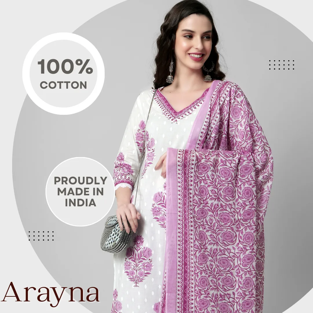 Arayna Women's Cotton Printed Floral Straight Kurta with Palazzo Pants and Printed Dupatta Set, Pink