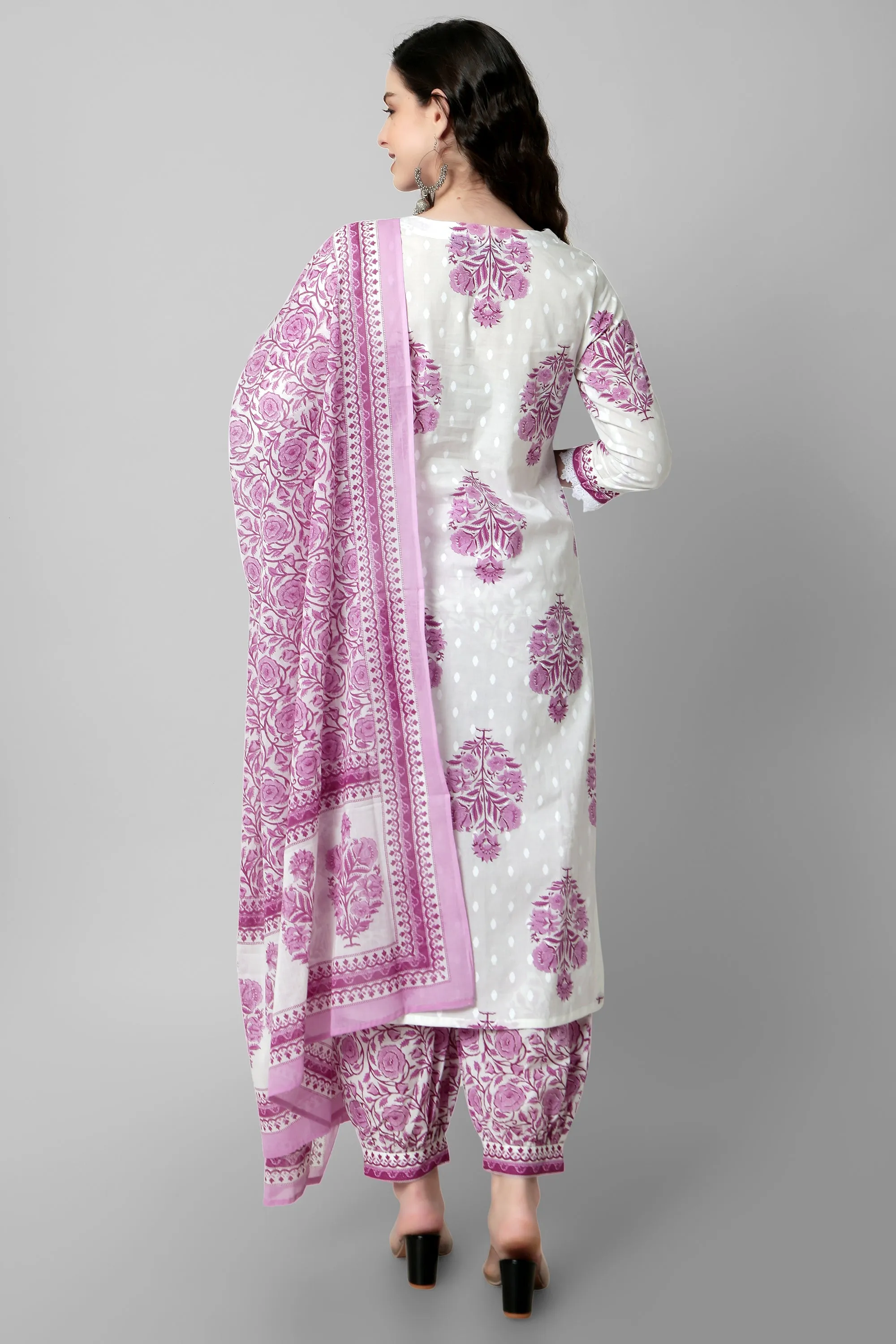 Arayna Women's Cotton Printed Floral Straight Kurta with Palazzo Pants and Printed Dupatta Set, Pink