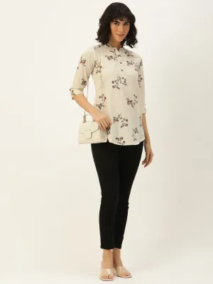 Beige Floral Printed Mandarin Collar Tunic