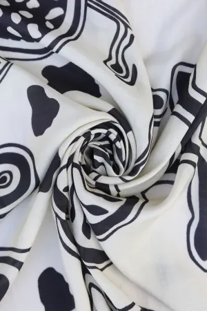 Black and Off White Oversized Abstract Floral Pattern Printed Natural Muslin Silk Fabric