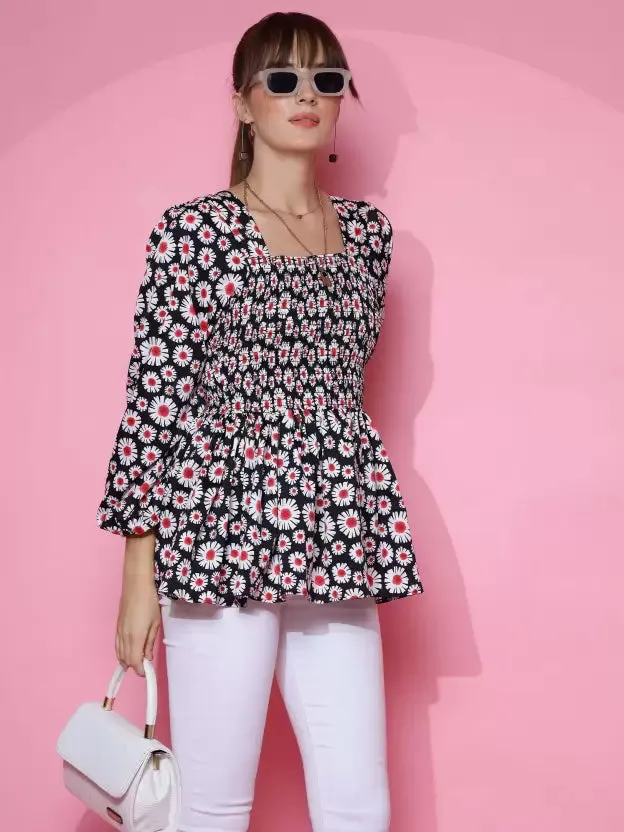 Black Floral Printed Peplum Top