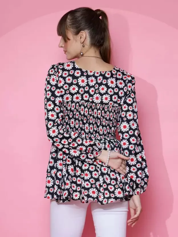Black Floral Printed Peplum Top