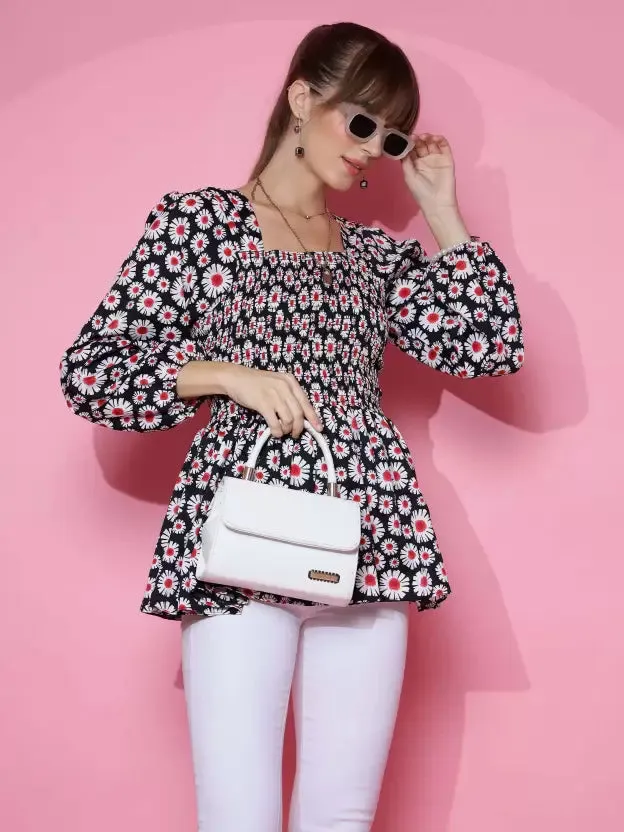 Black Floral Printed Peplum Top
