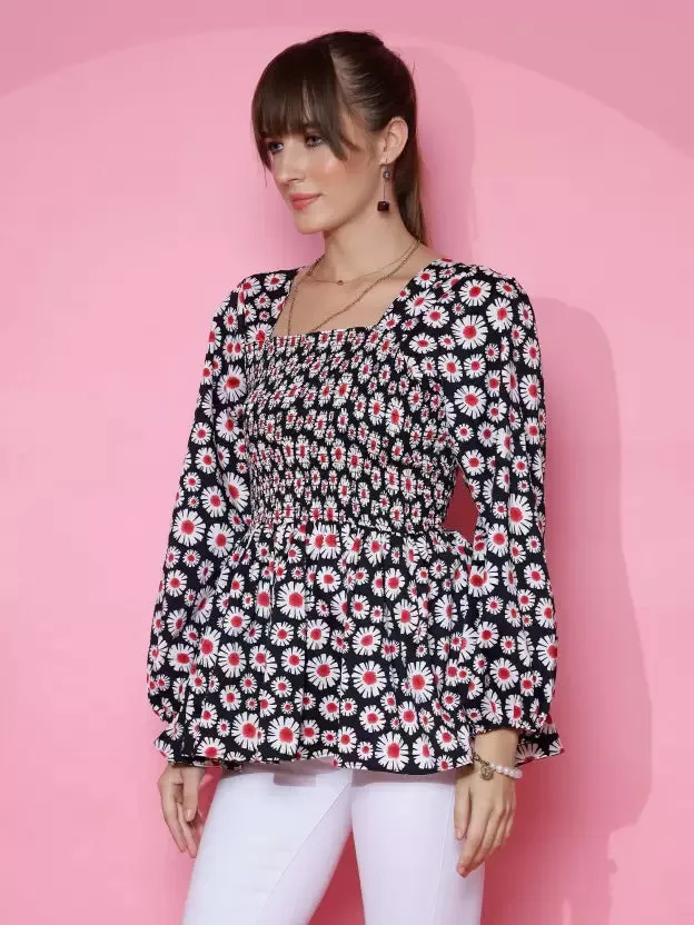 Black Floral Printed Peplum Top