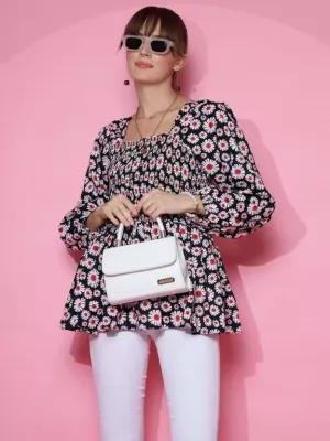 Black Floral Printed Peplum Top