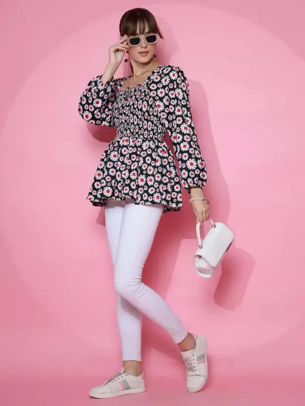 Black Floral Printed Peplum Top