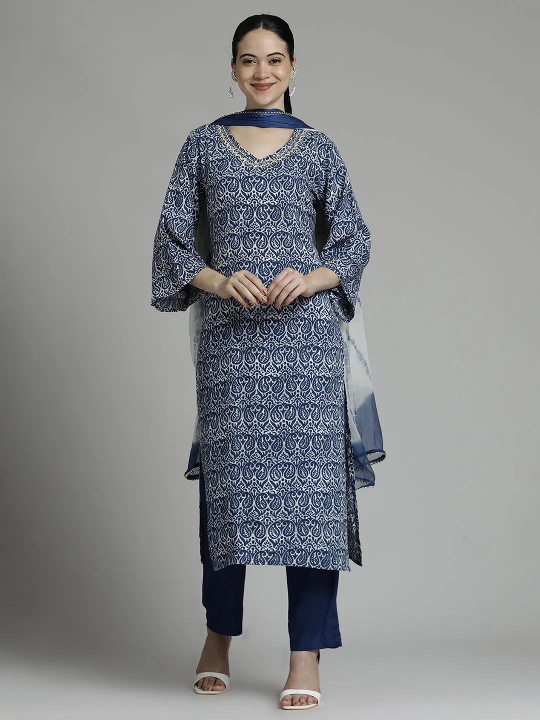 Blue Floral Printed Kurta Set With Tie-Dye Dupatta