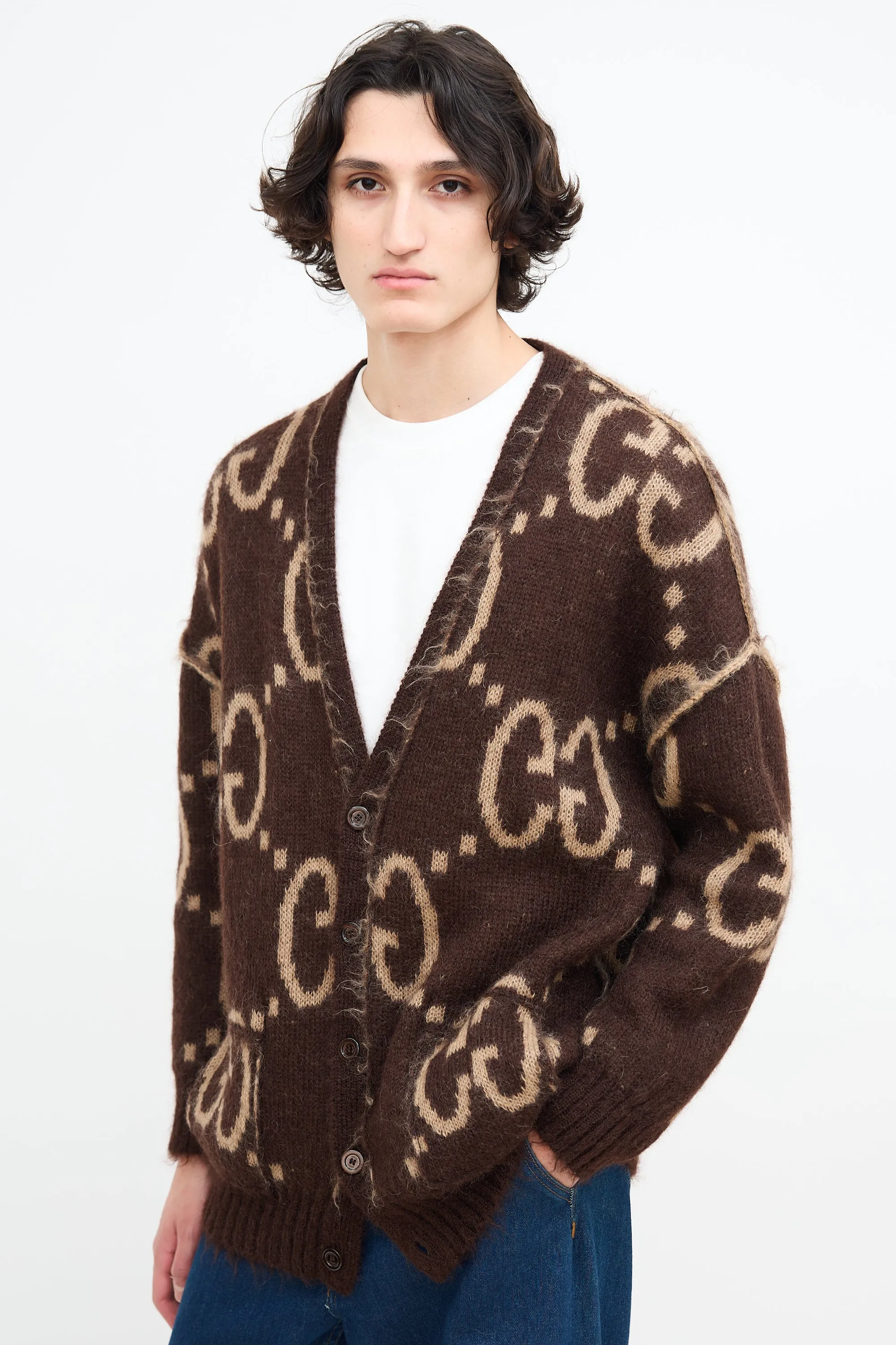 Brown Mohair Reversible Monogram Cardigan