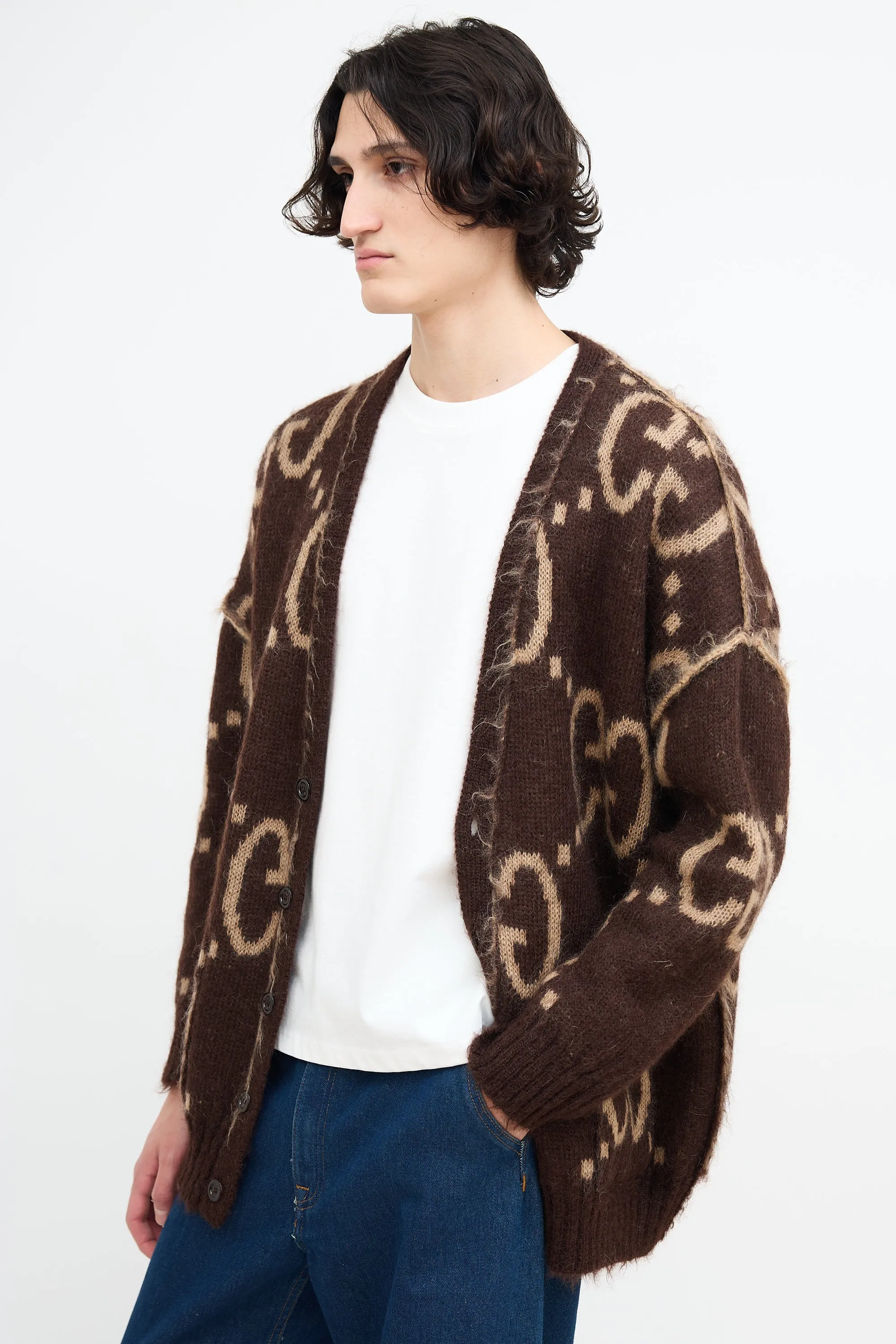 Brown Mohair Reversible Monogram Cardigan