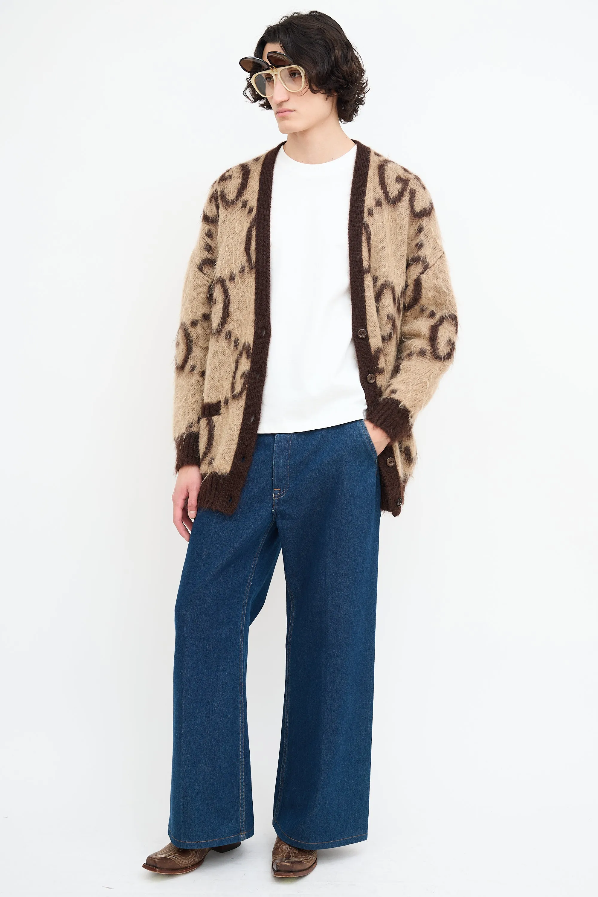 Brown Mohair Reversible Monogram Cardigan