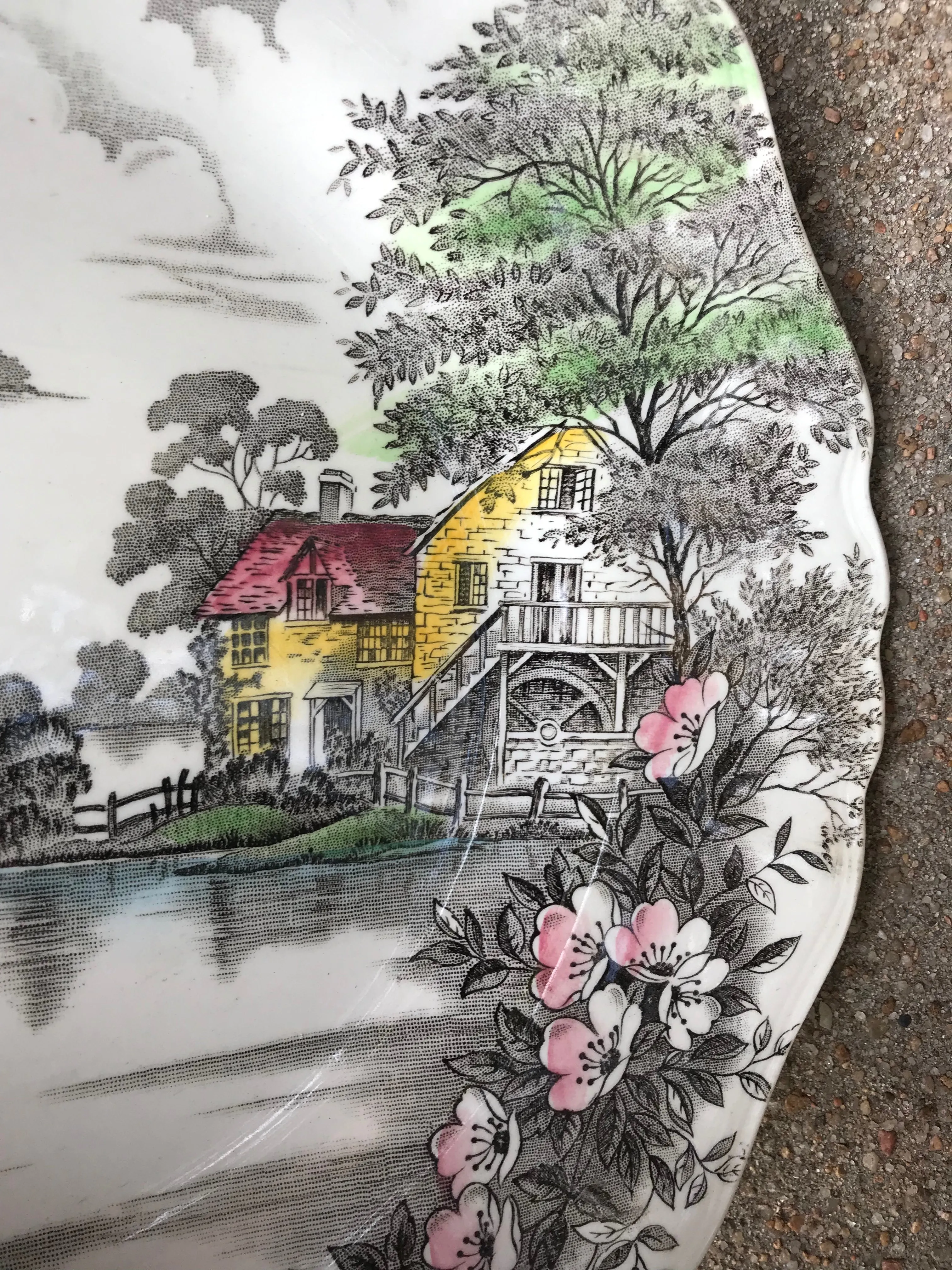Dark Brown Hand Painted English Cottage Transferware Plate