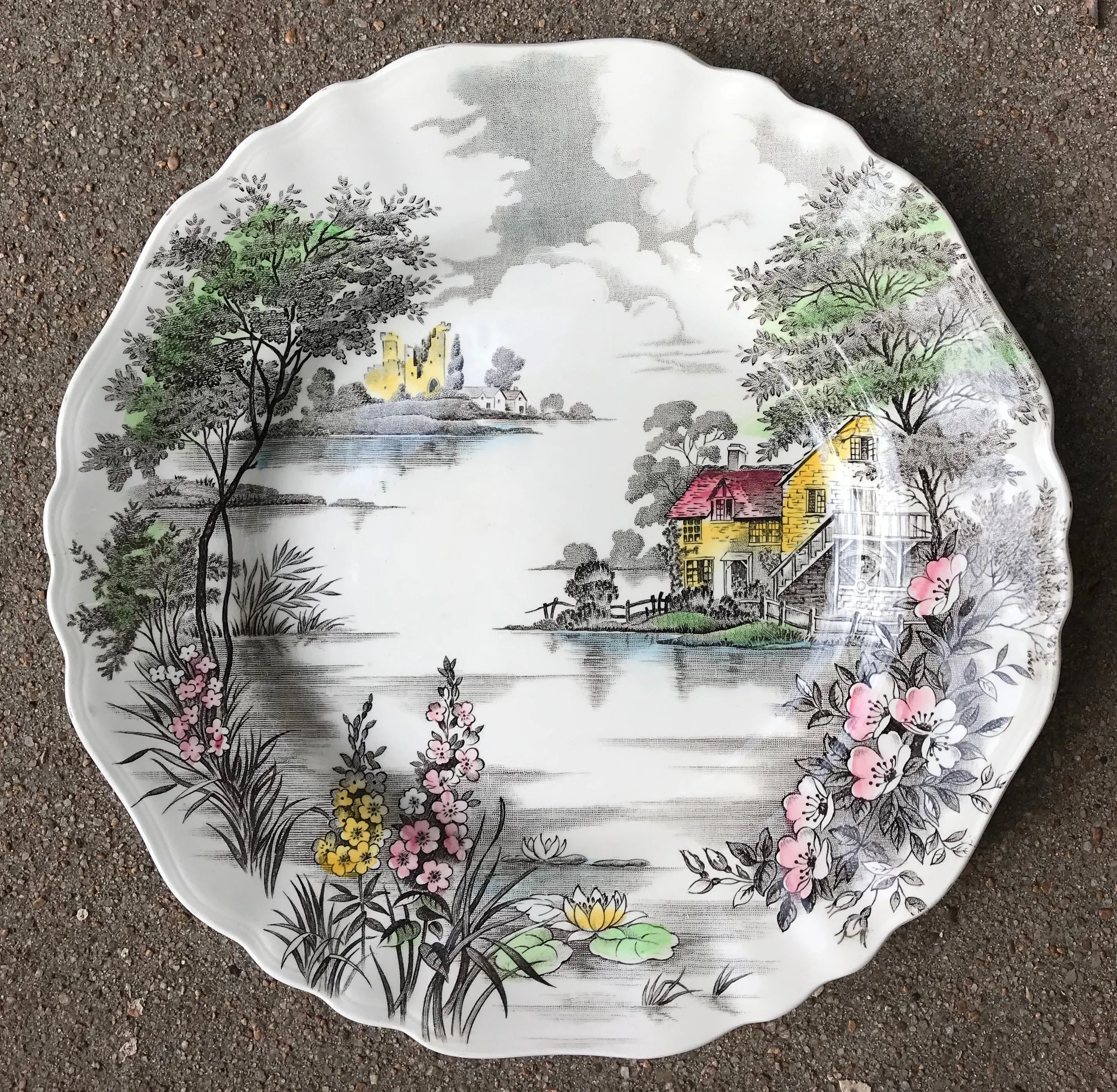 Dark Brown Hand Painted English Cottage Transferware Plate