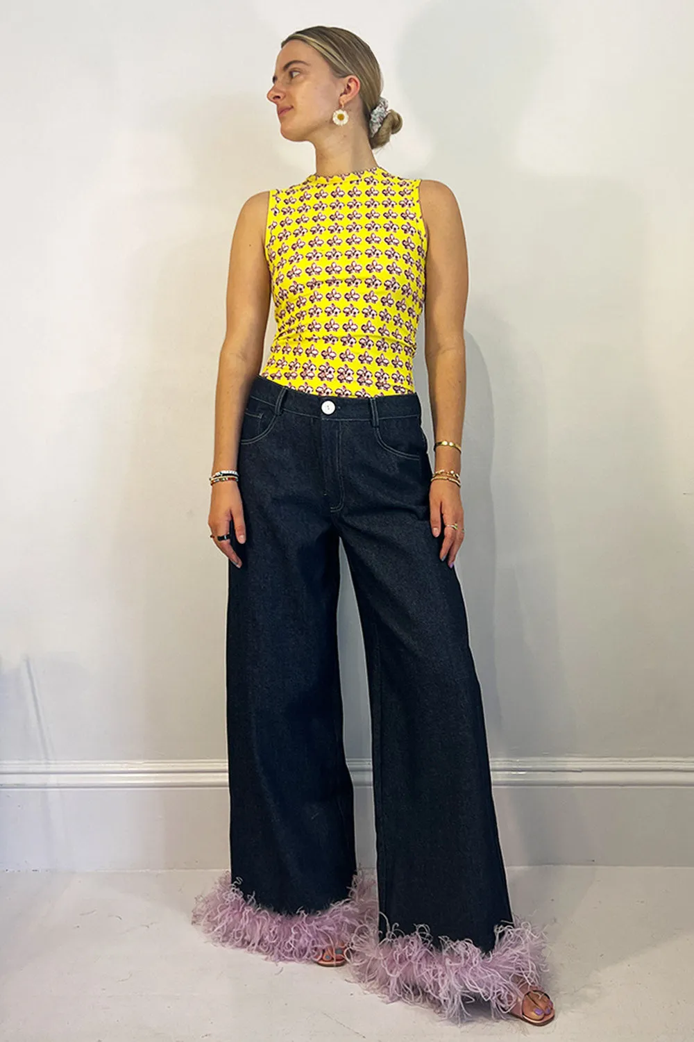 Dauphinette- Loose Jean: Indigo/ Lilac Feathers