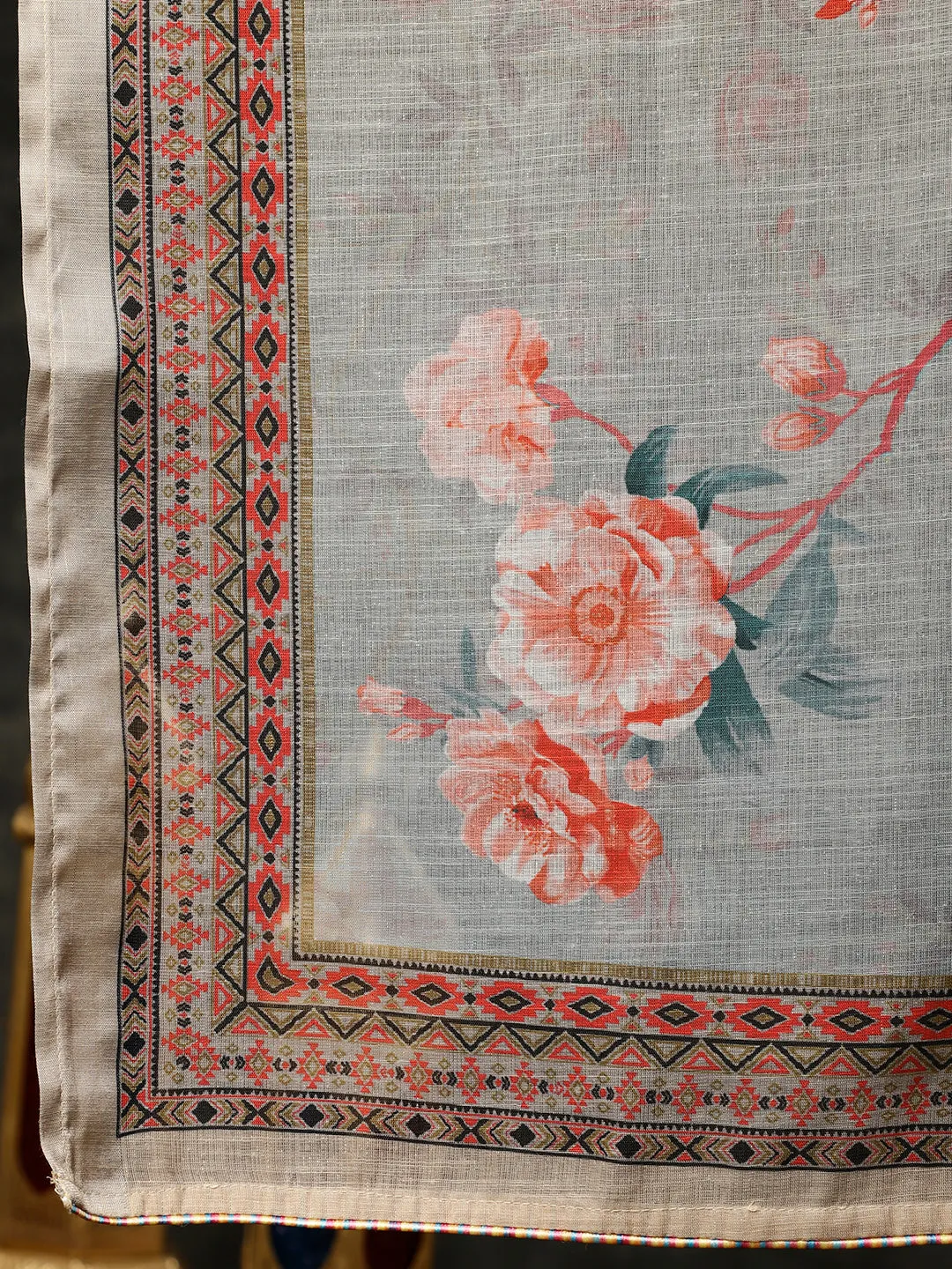Embroidered Beige Rose Print Pleated Pakistani Kurta With Pants And Dupatta