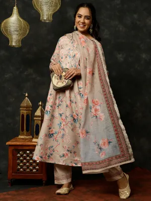 Embroidered Beige Rose Print Pleated Pakistani Kurta With Pants And Dupatta