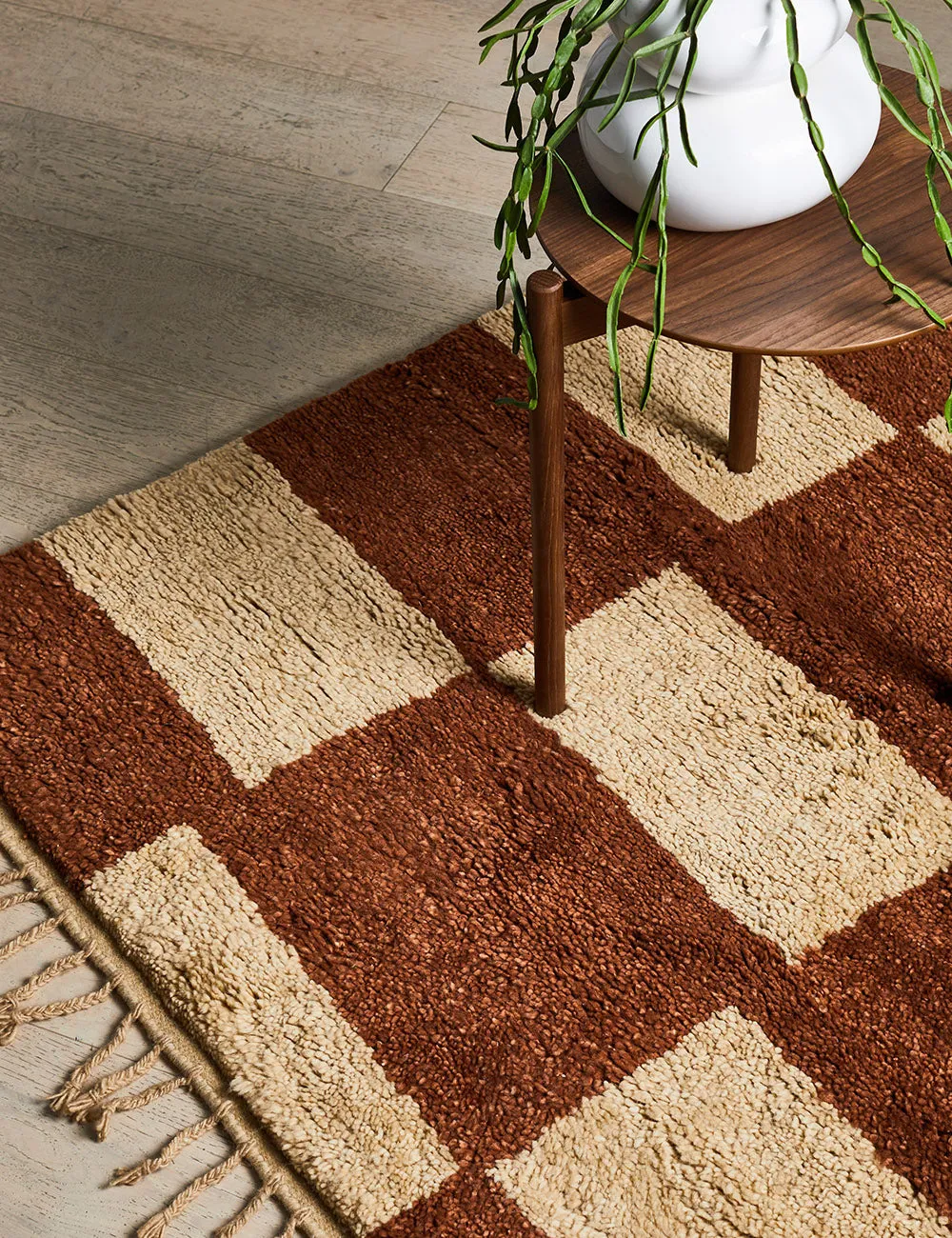Ferm Living Brick & Cream Mara Checked Knotted Rug - Large