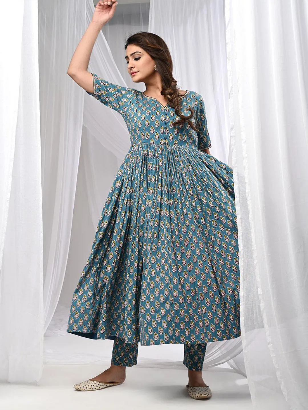 Fulwari Blue Anarkali Kurta Set With Dupatta