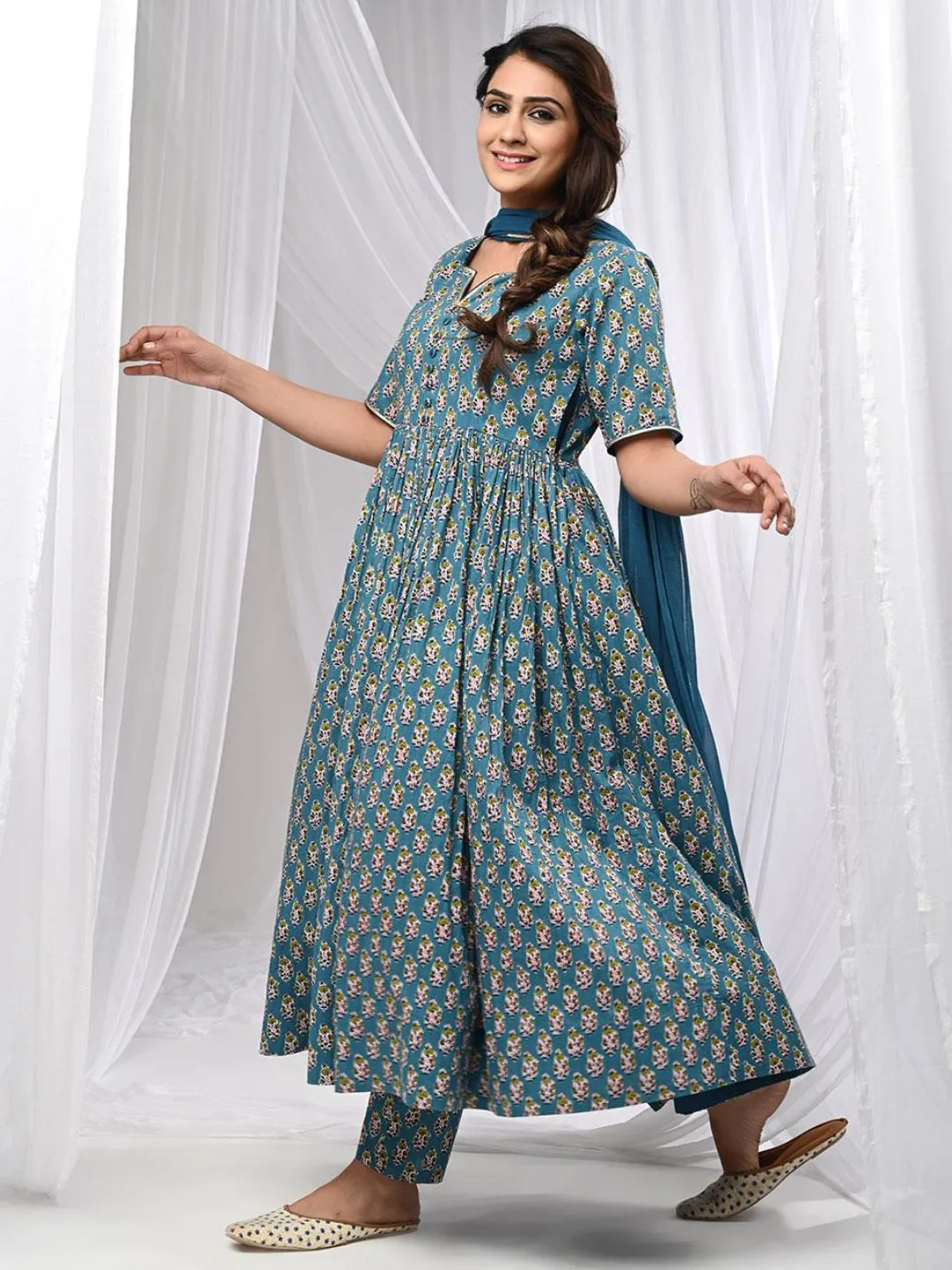 Fulwari Blue Anarkali Kurta Set With Dupatta