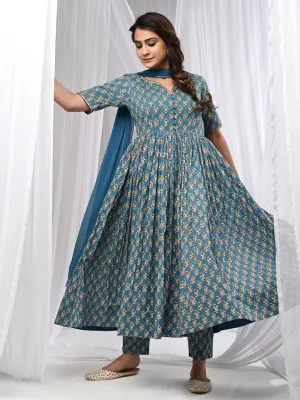 Fulwari Blue Anarkali Kurta Set With Dupatta