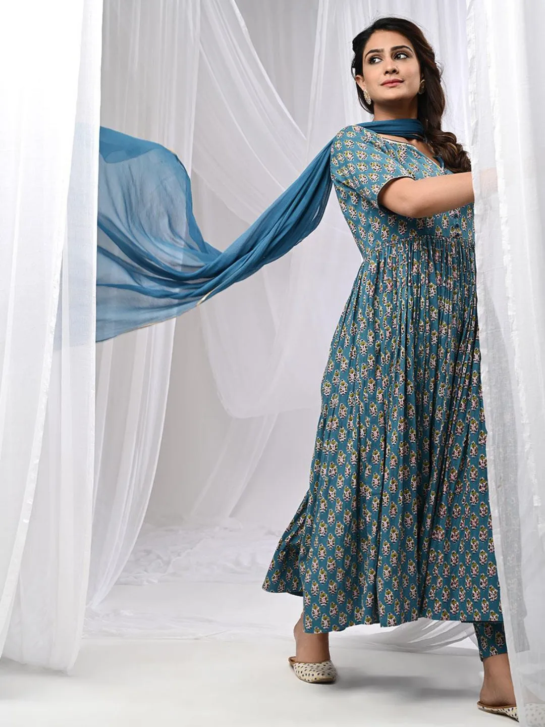 Fulwari Blue Anarkali Kurta Set With Dupatta
