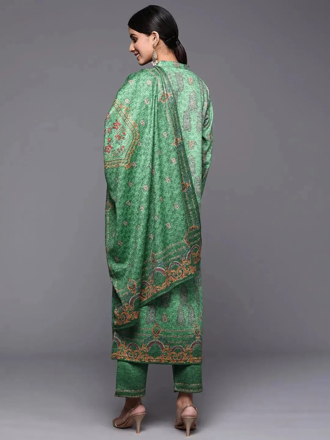 Green Printed Wool Straight Kurta With Trousers & Dupatta