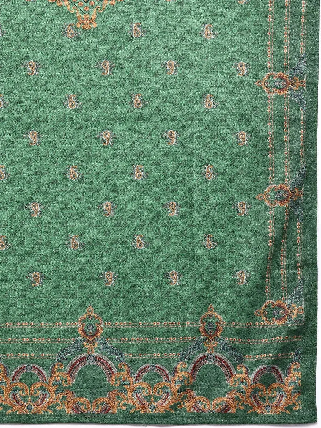 Green Printed Wool Straight Kurta With Trousers & Dupatta