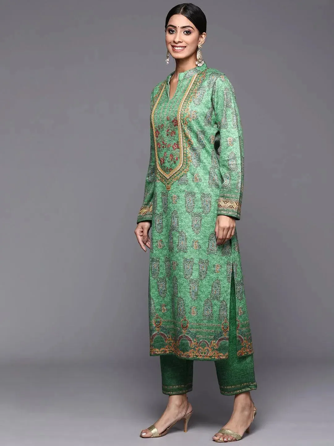 Green Printed Wool Straight Kurta With Trousers & Dupatta