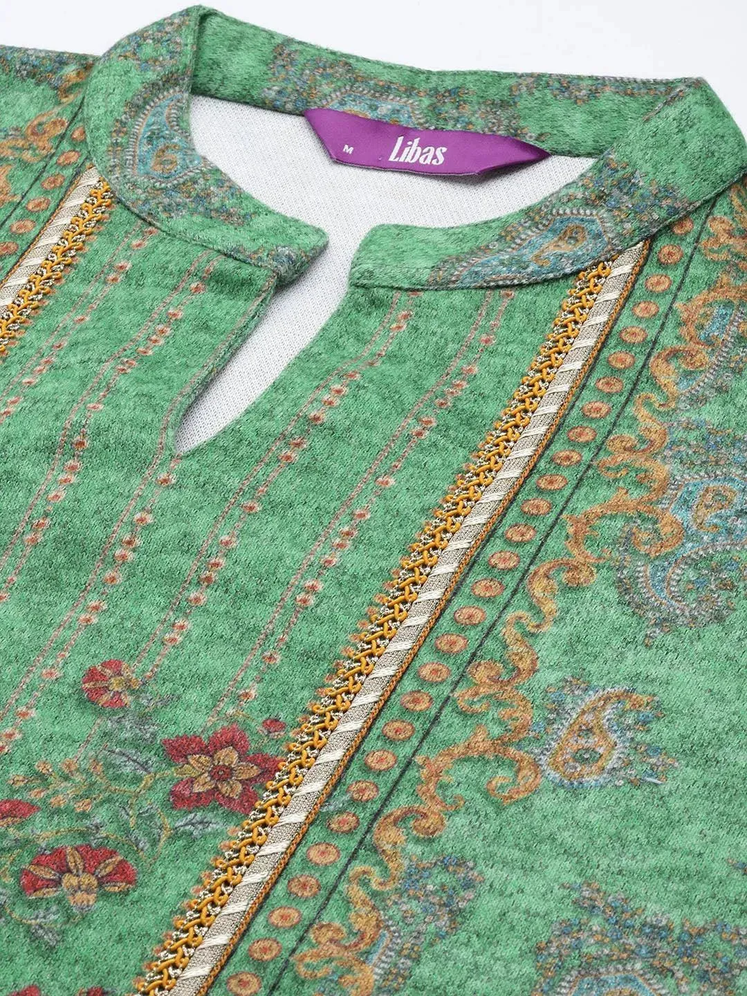 Green Printed Wool Straight Kurta With Trousers & Dupatta