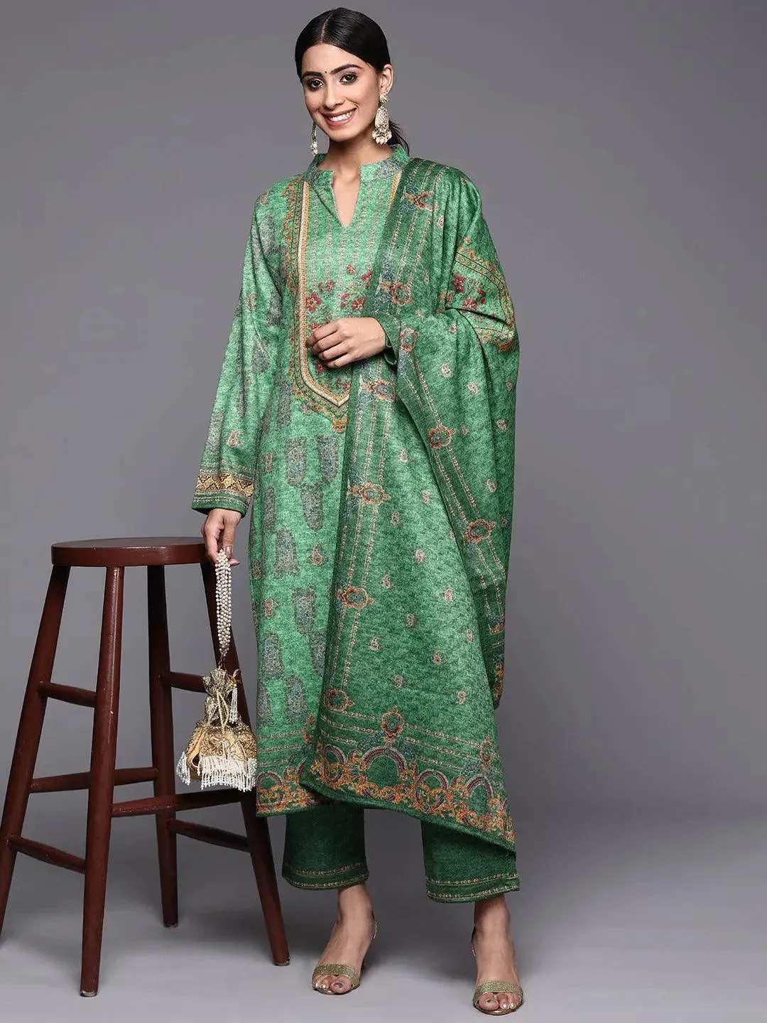 Green Printed Wool Straight Kurta With Trousers & Dupatta