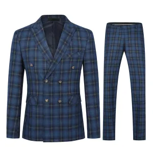 Men's 2-Piece Three-Button Plaid Striped Suit Blue