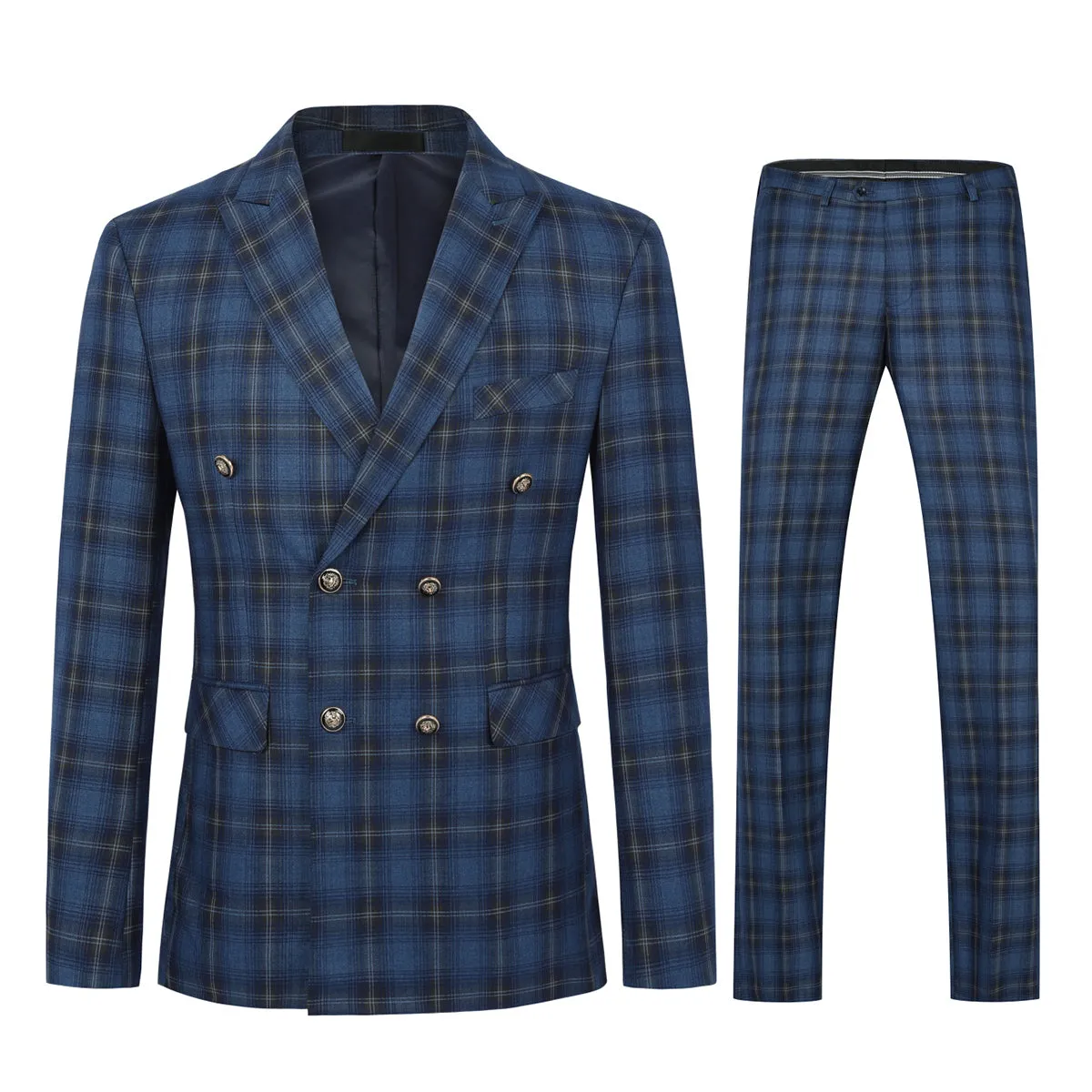 Men's 2-Piece Three-Button Plaid Striped Suit Blue