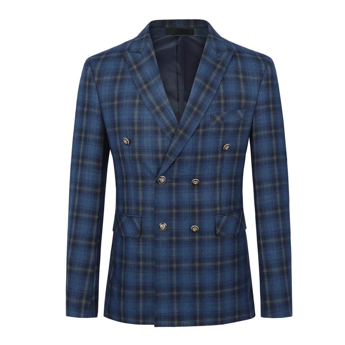 Men's 2-Piece Three-Button Plaid Striped Suit Blue