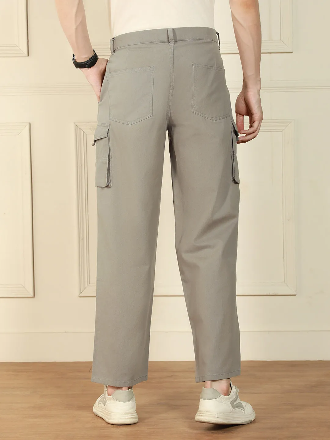 Men's Mid Grey Relaxed Fit Solid Cotton Lycra Stretchable Trousers