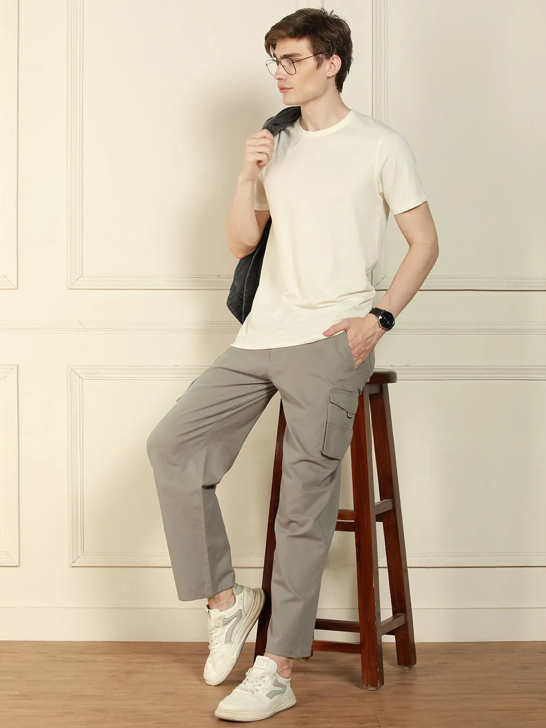 Men's Mid Grey Relaxed Fit Solid Cotton Lycra Stretchable Trousers