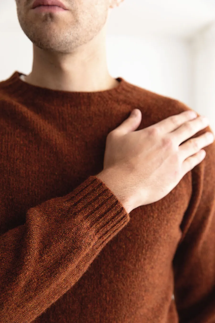 Mens Seamless Saddle Shoulder Shetland Jumper - Rust