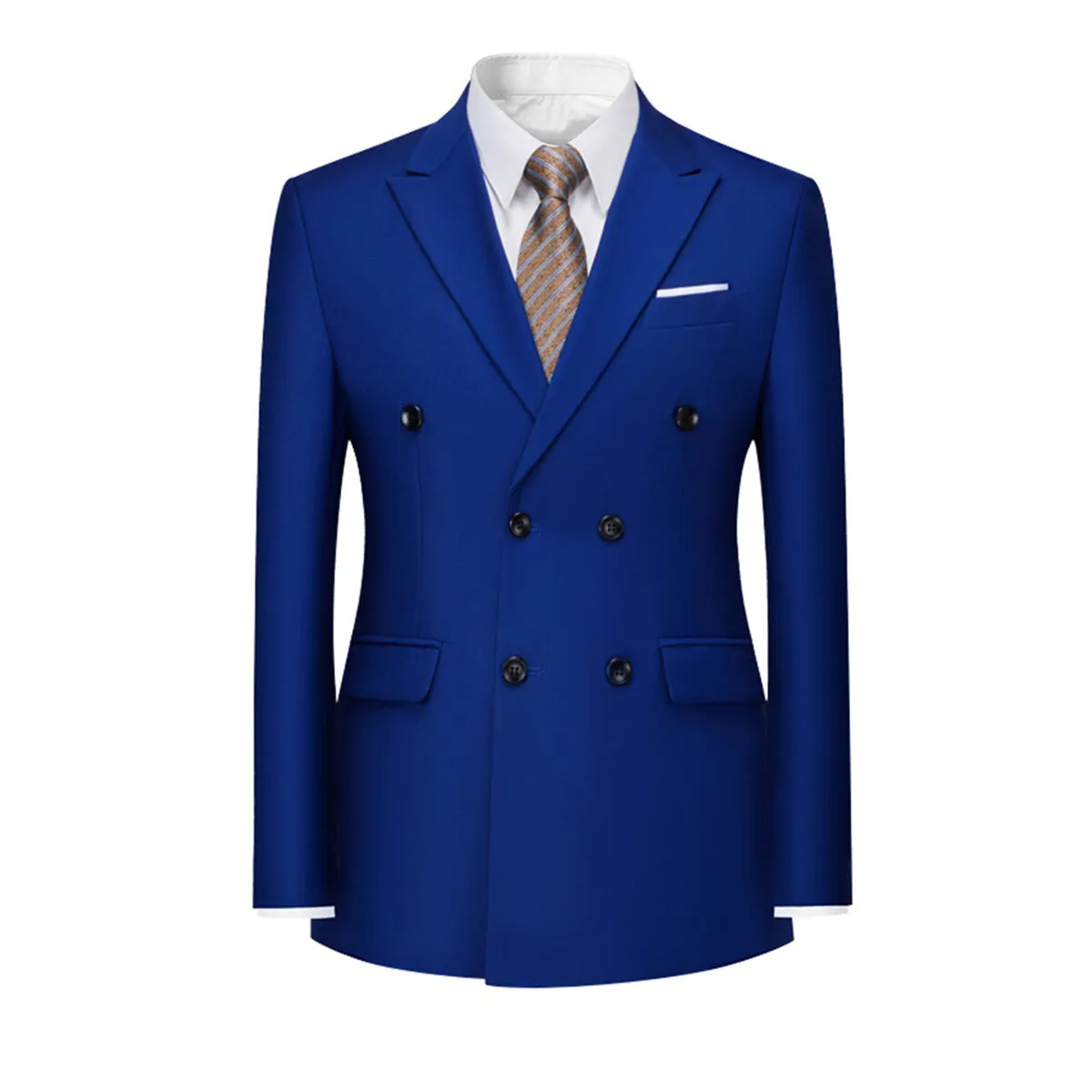 Men's Solid Color Double Breasted Business Suit Blue