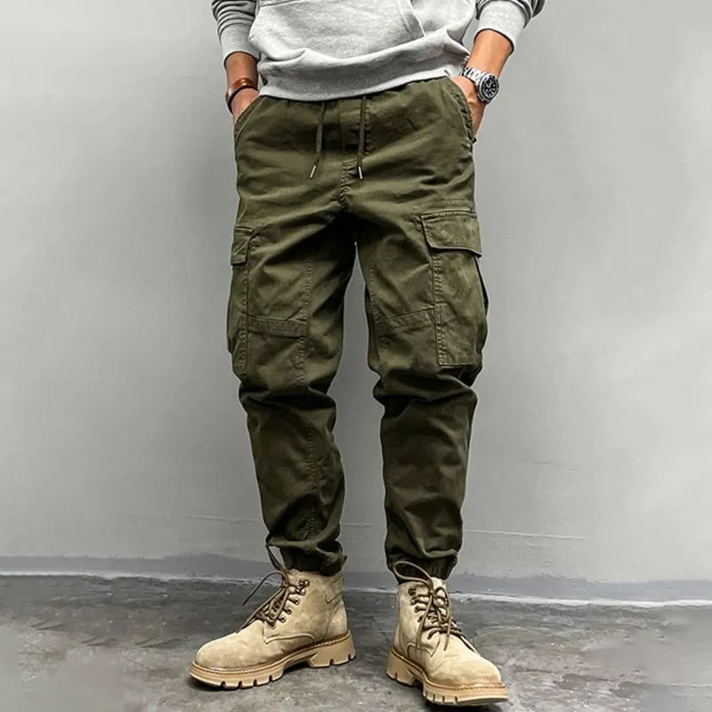 Men's Solid Color Elastic Waist Multi-pocket Cargo Pants 30038538Z