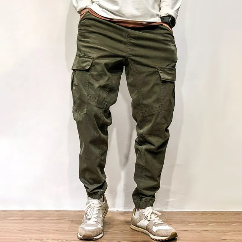 Men's Solid Color Elastic Waist Multi-pocket Cargo Pants 30038538Z
