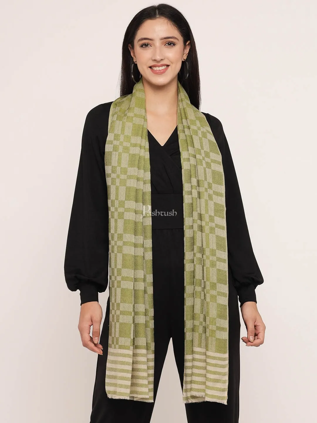 Pashtush womens Extra Fine Wool Stole, extra fine wool design, Green