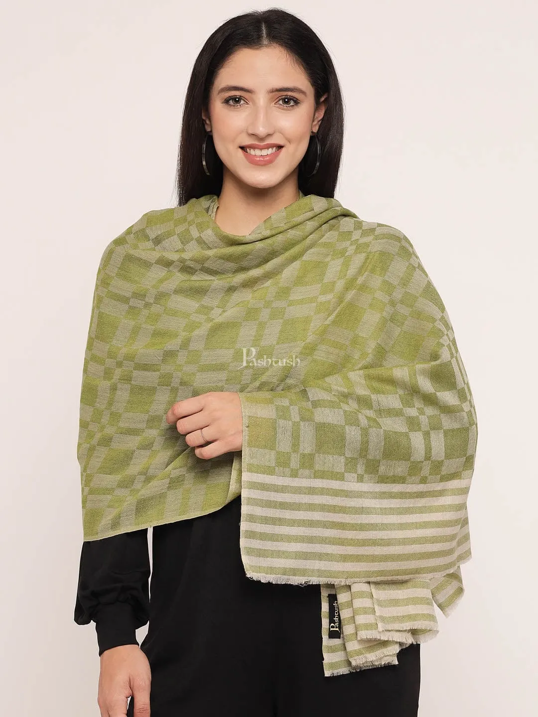 Pashtush womens Extra Fine Wool Stole, extra fine wool design, Green