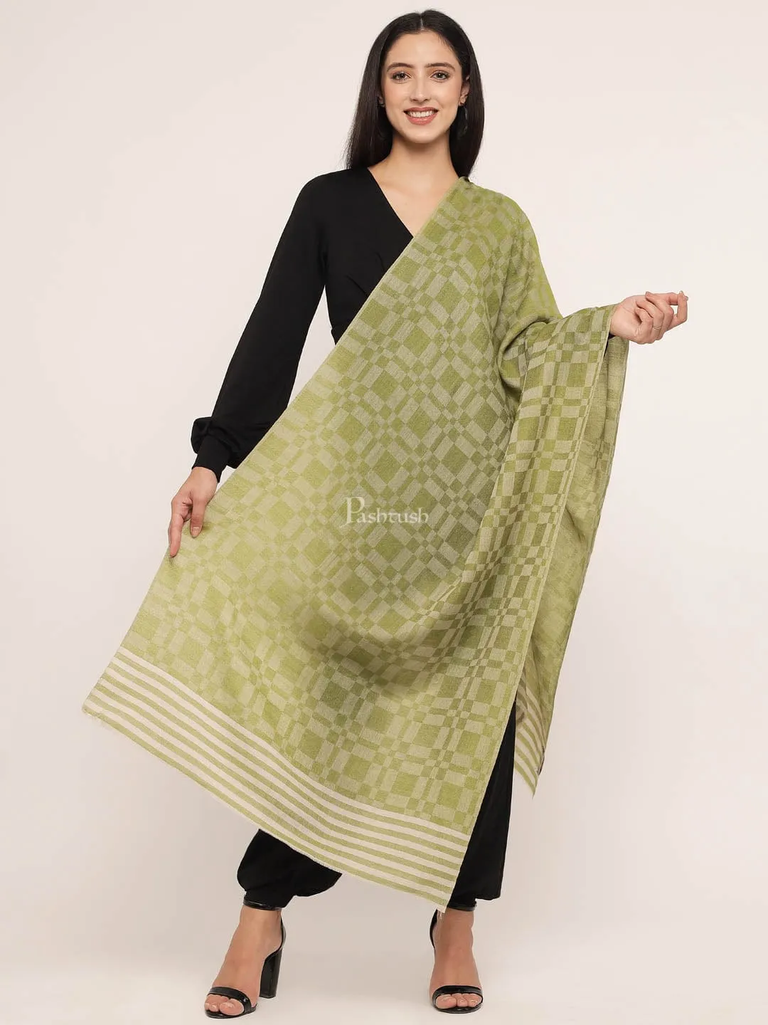 Pashtush womens Extra Fine Wool Stole, extra fine wool design, Green