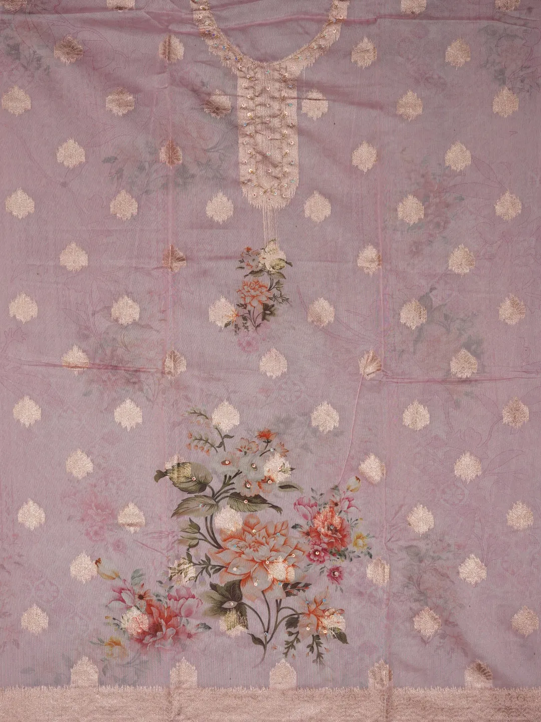 Pink Floral Printed Embellished Organza Dress Material with Dupatta