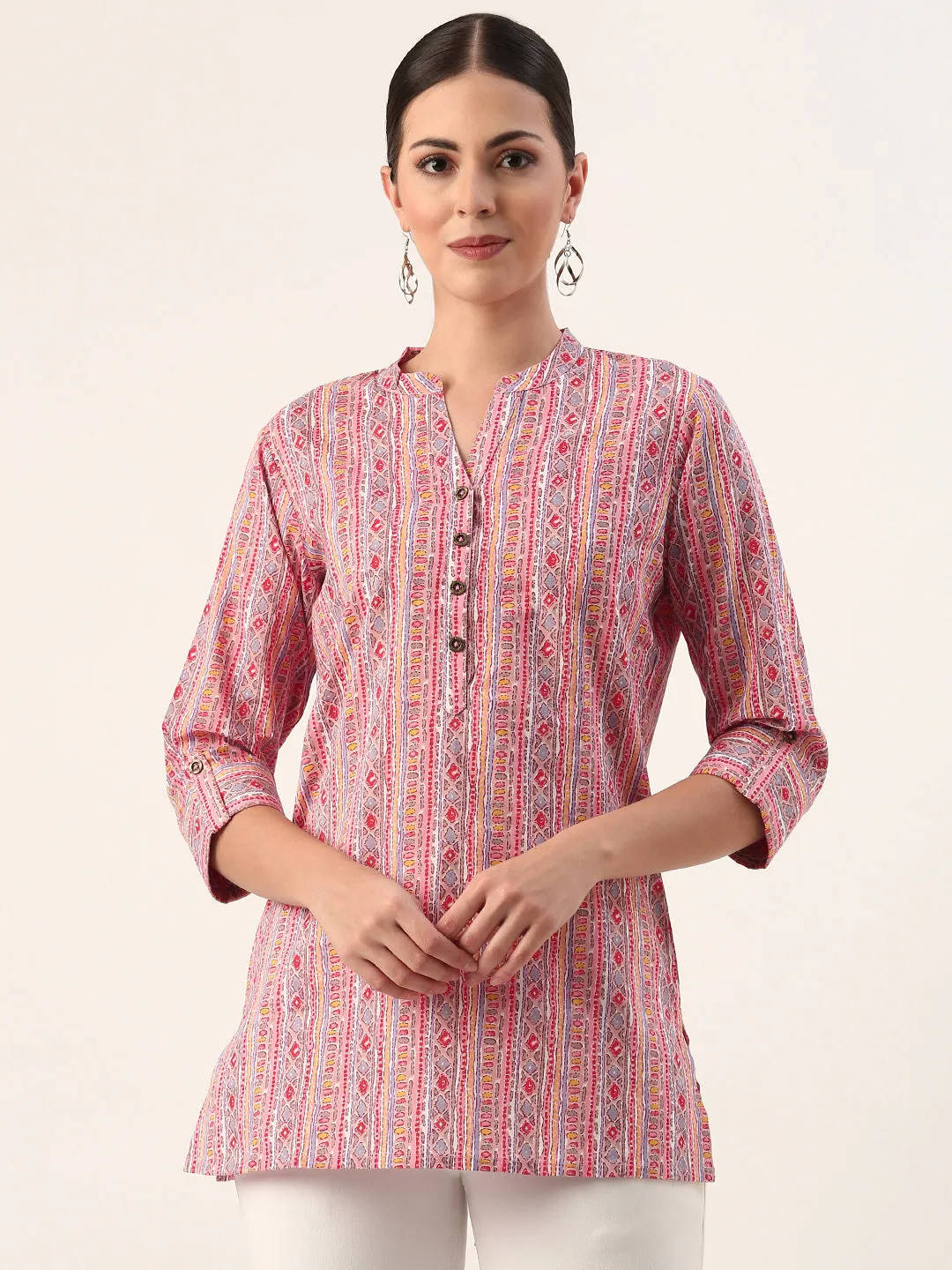 Pink Mandarin Collar Ethnic Motifs Cotton Tunic